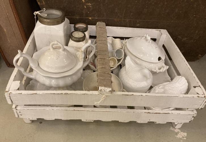 Brocante plukkist - voorraadpotten - justerrine - zalfpotjes, Antiek en Kunst, Curiosa en Brocante, Ophalen of Verzenden