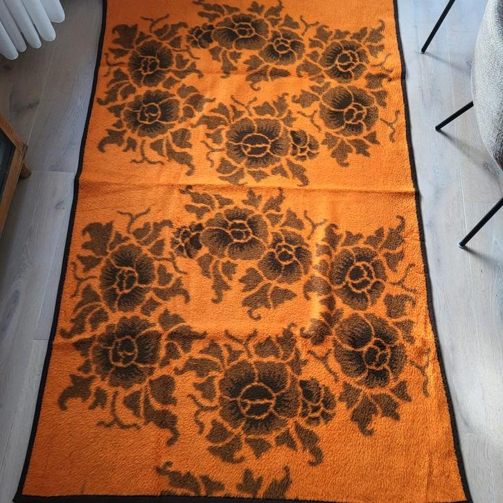 Vintage Real Deken - Oranje & Bruin, Huis en Inrichting, Woonaccessoires | Plaids en Woondekens, Gebruikt, Ophalen of Verzenden