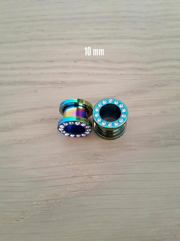 Nieuwe tunnels. Staal. Regenboog. Steentjes. 3, 4, 5, 6 -10, Sieraden, Tassen en Uiterlijk, Piercings, Zo goed als nieuw, Oor- of Traguspiercing