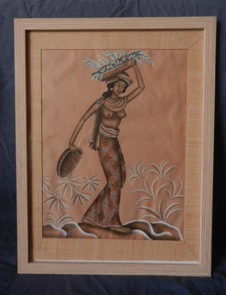 Aquarel Lopende dame met manden Bali Indonesie hxb 32x24 cm, Antiek en Kunst, Kunst | Tekeningen en Foto's, Ophalen of Verzenden