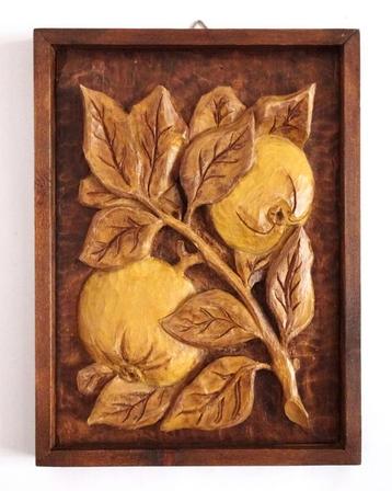 Vintage 70s pompoen houtsnijwerk wanddecoratie hout bruin beschikbaar voor biedingen