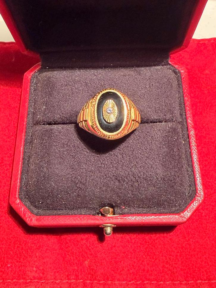 22K Gouden Herenring Onyx & Diamant, Sieraden, Tassen en Uiterlijk, Ringen, Zo goed als nieuw, Heer, 20 of groter, Goud, Met edelsteen