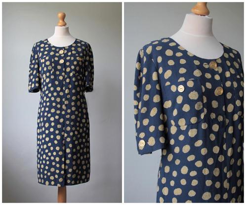 Louis Feraud - vintage designer jurk / blauw goud / maat 36, Kleding | Dames, Jurken, Zo goed als nieuw, Maat 36 (S), Blauw, Boven de knie