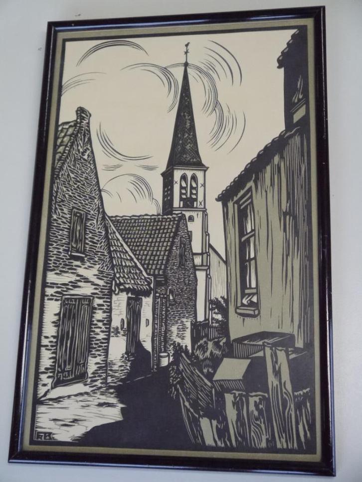 linoleumsnede / straatje in Zandvoort / Frans Bosen, Antiek en Kunst, Kunst | Schilderijen | Modern, Ophalen of Verzenden