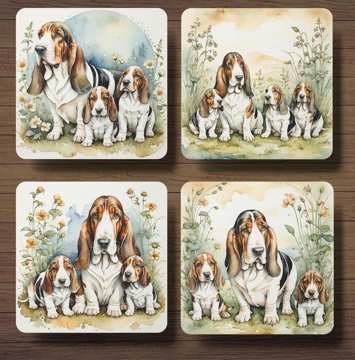 Basset Hound met puppy’s onderzetters met houder, Huis en Inrichting, Woonaccessoires | Onderzetters, Nieuw, Glas of Kopje, Ophalen of Verzenden