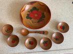 Vintage houten pindaset 1 grote schaal met 6 kleine, Ophalen of Verzenden