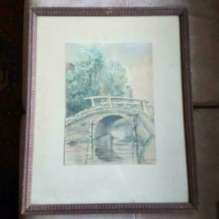 Aquarel 1888 Johannes Evert v Leeuwen brug Westland den Haag, Antiek en Kunst, Kunst | Schilderijen | Klassiek, Ophalen