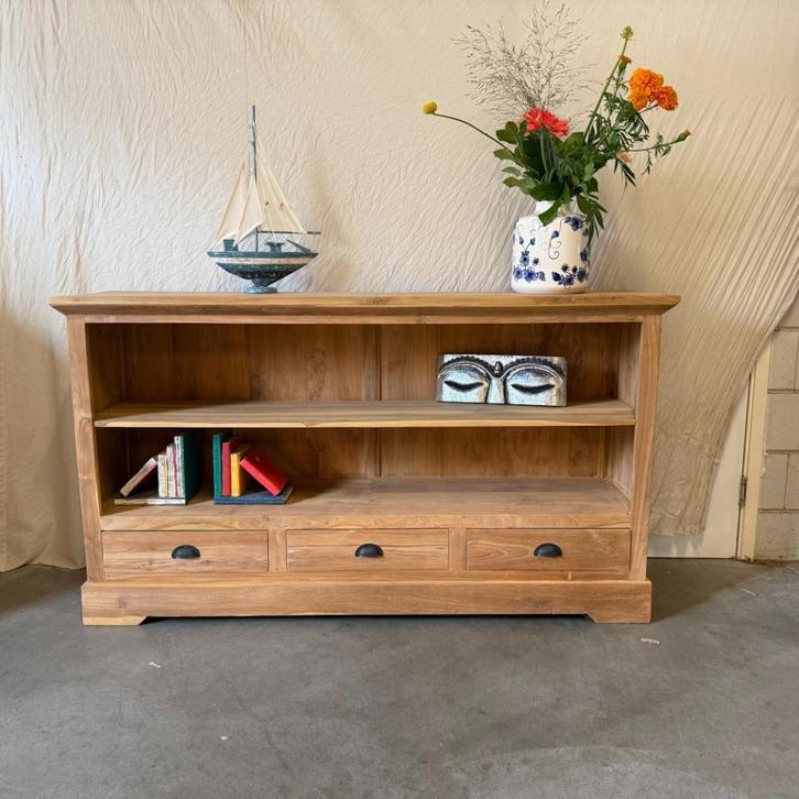 Boekenkast - 3 lades - 2 planken - massief Teak - TTM Wonen, Huis en Inrichting, Kasten | Boekenkasten, Zo goed als nieuw, 150 tot 200 cm