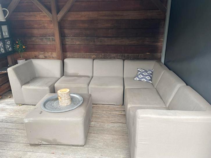 Waterbestendige Loungebank Taupe - 7 Delig, Huis en Inrichting, Banken | Complete zithoeken, Gebruikt, Kunststof, Stof, Ophalen