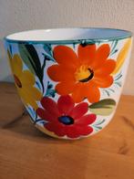 Vrolijke flinke bloempot met bloemen beschilderd geel oranje, Rond, Binnen, Ophalen of Verzenden, Zo goed als nieuw