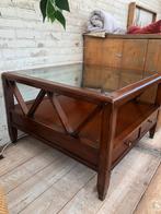 Teak salontafel met glasplaat en lades, Ophalen, Gebruikt, 100 tot 150 cm, 50 tot 75 cm