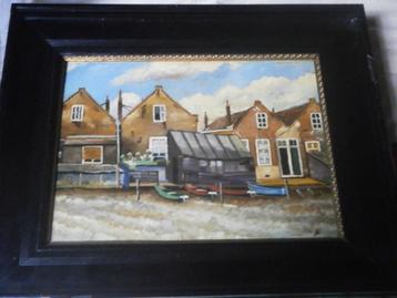 Mooi schild Oliev. Huizen langs het water met Bootjes  beschikbaar voor biedingen