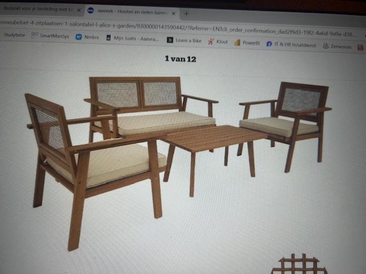 Sweeek houten en rieten teunmeubelset, Tuin en Terras, Tuinsets en Loungesets, Zo goed als nieuw, Tuinset, Hout, 4 zitplaatsen