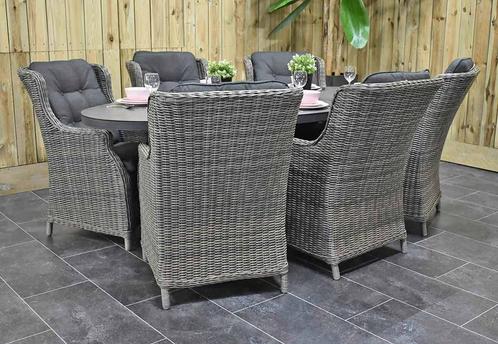 Akron Ovale Tafel 220 Keramischblad Dark Grey met 6 Darwin D, Tuin en Terras, Tuinsets en Loungesets, Nieuw, Tuinset, Wicker, 6 zitplaatsen