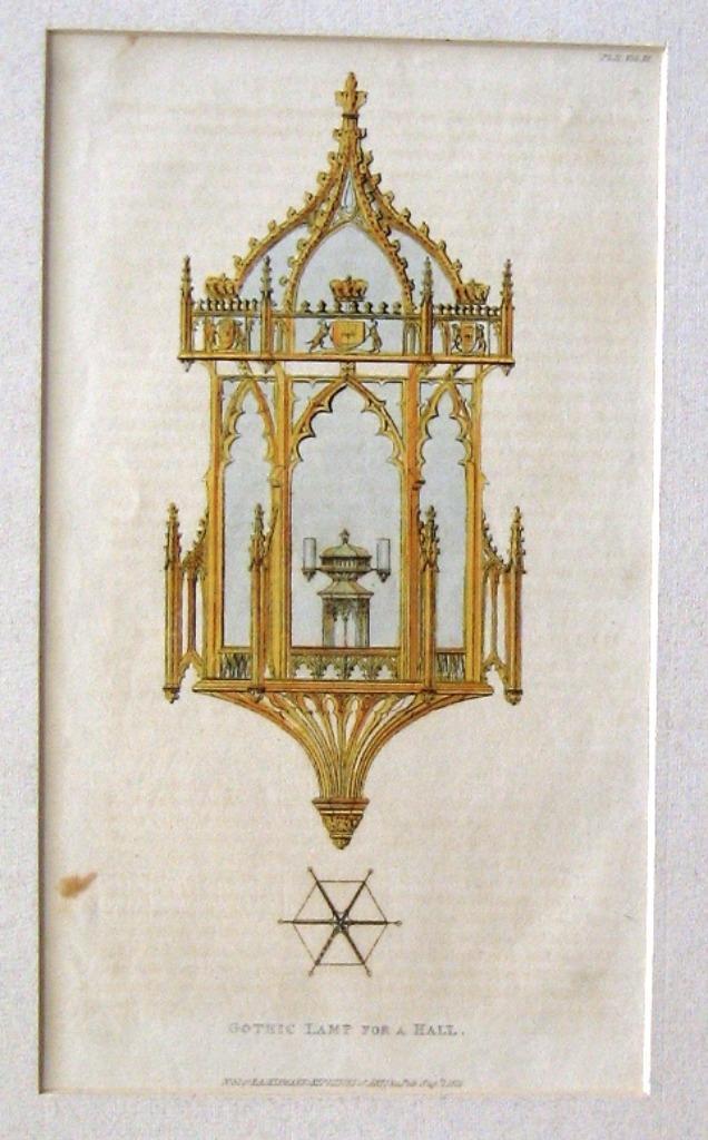 Prent Gothic Lamp for a Hall 1825 R. Ackermann, Antiek en Kunst, Kunst | Litho's en Zeefdrukken, Ophalen of Verzenden