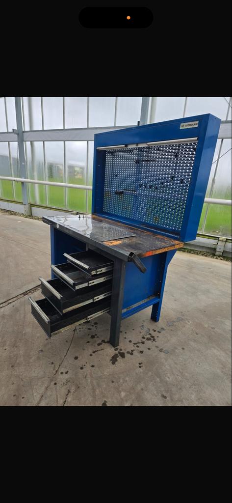 Werkbank met lades en achterwand, Ophalen of Verzenden, Gebruikt, 120 tot 170 cm