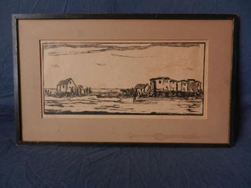 Houtsnede Strand met badkoetsen Martin van Waning ca 1935 beschikbaar voor biedingen