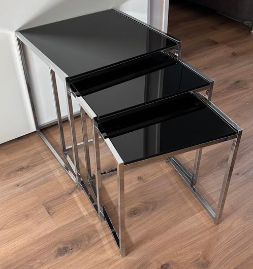 Miniset Bijzettafels chrome met zwart glas 3 stuks, Huis en Inrichting, Tafels | Bijzettafels, Zo goed als nieuw, Minder dan 55 cm