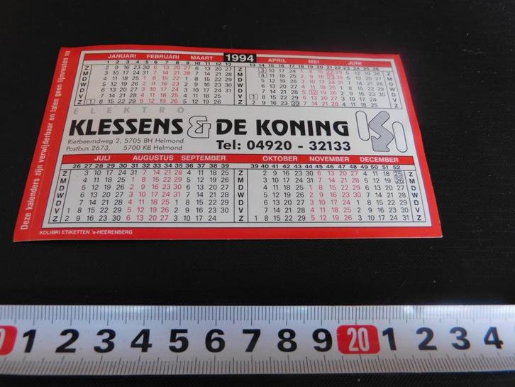 sticker Kalender 1994 Helmond Klessens & De Koning, Verzamelen, Stickers, Zo goed als nieuw, Bedrijf of Vereniging, Ophalen