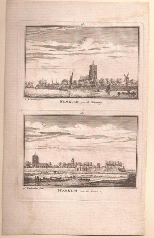 Woudrichem.Workum 2x aanzicht op blad.Kopergr. Abr.Rademaker, Antiek en Kunst, Kunst | Etsen en Gravures, Ophalen of Verzenden