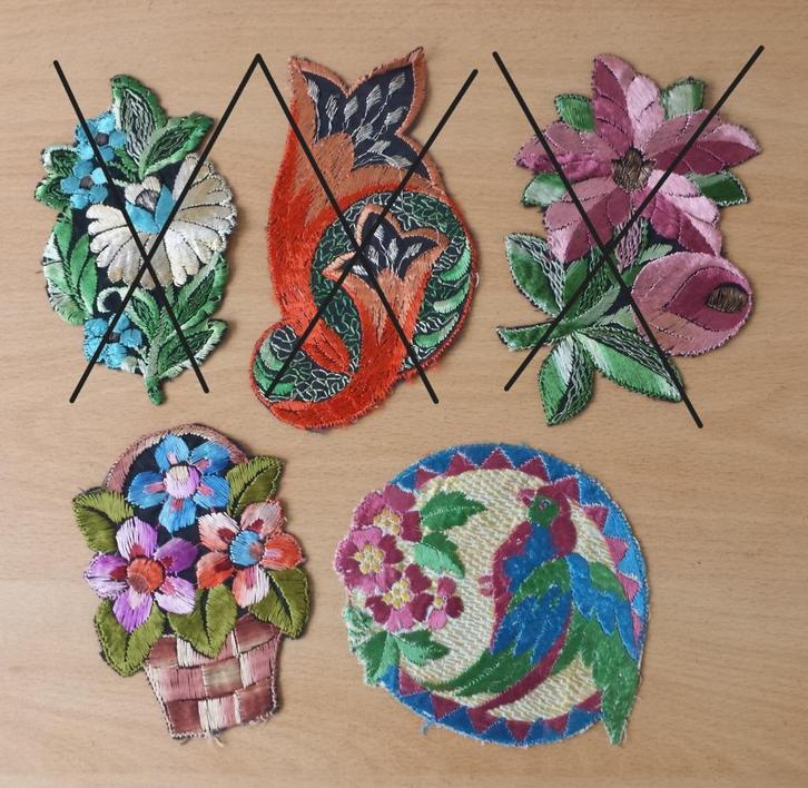 2 Turmac Zijdjes Bloemen, Vogel - lot 1 - vintage, Hobby en Vrije tijd, Kledingapplicaties en Hotfix, Nieuw, Overige applicaties