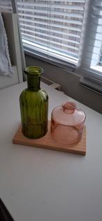 Vazensetje op houten plankje, Overige kleuren, Ophalen of Verzenden, Minder dan 50 cm, Glas