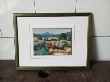 vintage schilderijtje platteland, houten lijstje, Frankrijk  beschikbaar voor biedingen