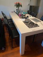 Lange mooie witte Tafel met 6 leren zwarte stoelen, 200 cm of meer, Zo goed als nieuw, Rechthoekig, 50 tot 100 cm