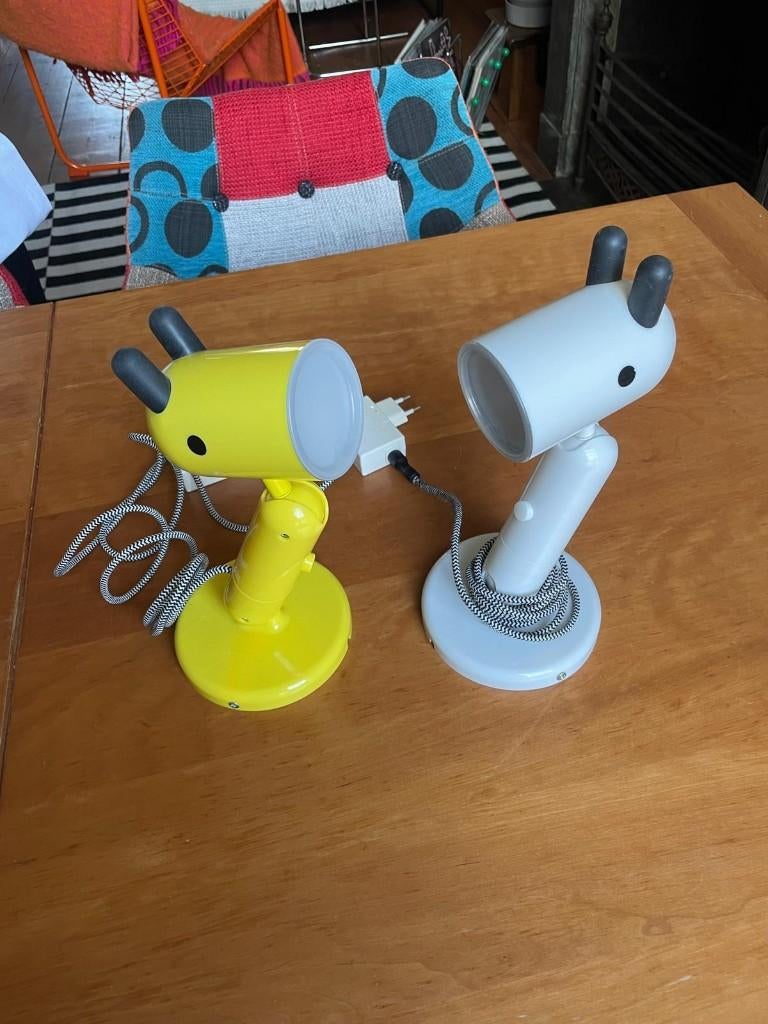 2 IKEA KRUX lampen, vintage 1990, giraffelamp, geel en wit, Ophalen of Verzenden, Kunststof, Minder dan 50 cm