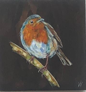 Schilderij roodborstje op gebruikt hout beschikbaar voor biedingen