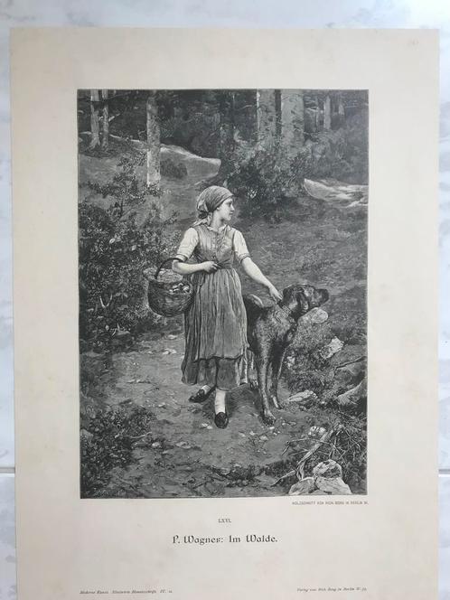 Paul Wagner: Im Walde, 1890, or. gravure, 25x17cm. Mooi!, Antiek en Kunst, Kunst | Etsen en Gravures, Ophalen of Verzenden