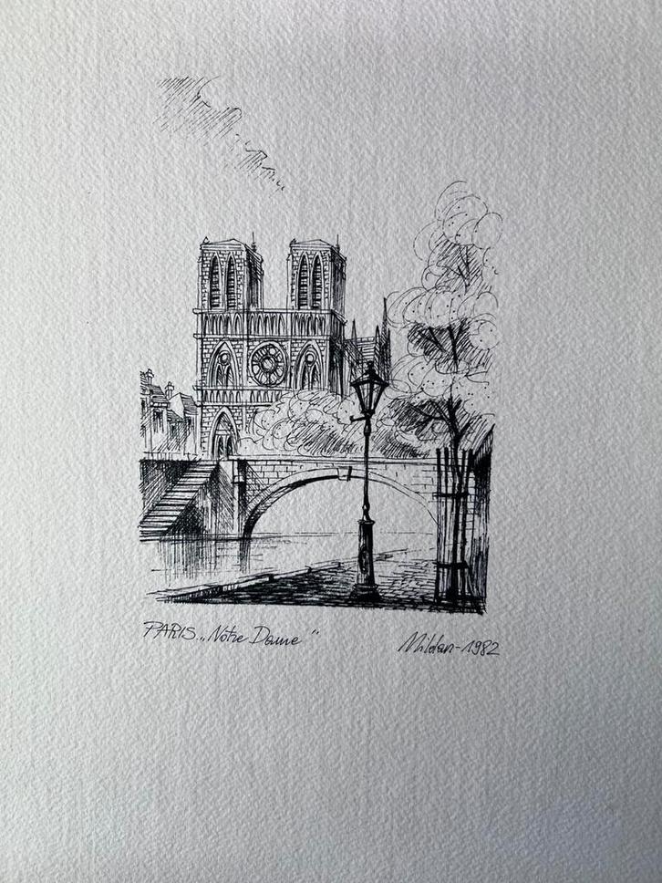 Originele pentekening Paris – Notre Dame (Mildan, 1982), Antiek en Kunst, Kunst | Etsen en Gravures, Ophalen of Verzenden