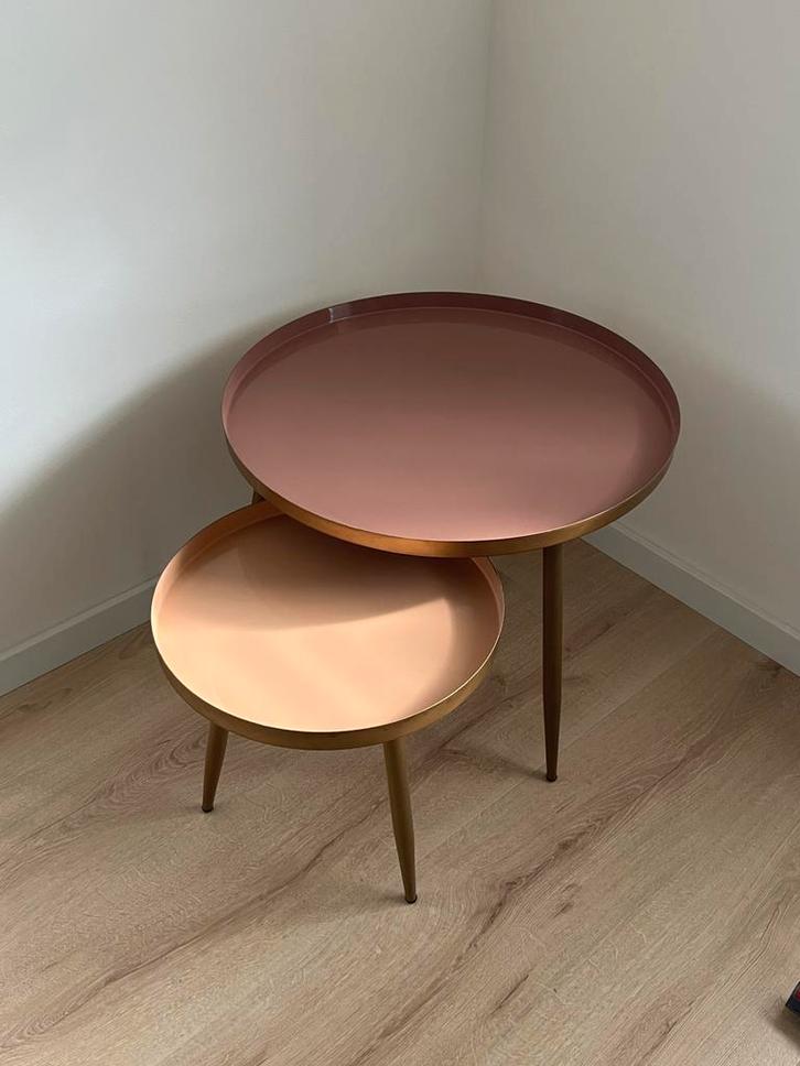 Set van 2 bijzettafels, Huis en Inrichting, Tafels | Bijzettafels, Zo goed als nieuw, Rond, 45 tot 60 cm, Minder dan 55 cm, Metaal of Aluminium