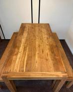 Teakhouten tafel 200x100x78 cm + 2 houten bankjes, Huis en Inrichting, Tafels | Eettafels, Ophalen, Gebruikt, Rechthoekig, 50 tot 100 cm