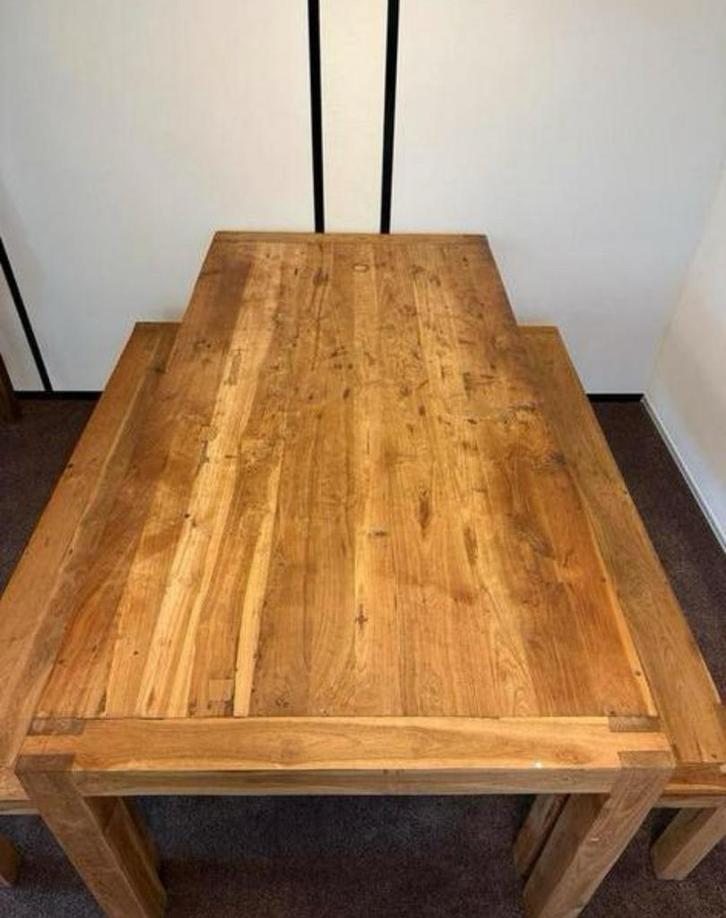 Teakhouten tafel 200x100x78 cm + 2 houten bankjes, Huis en Inrichting, Tafels | Eettafels, Gebruikt, 50 tot 100 cm, Rechthoekig