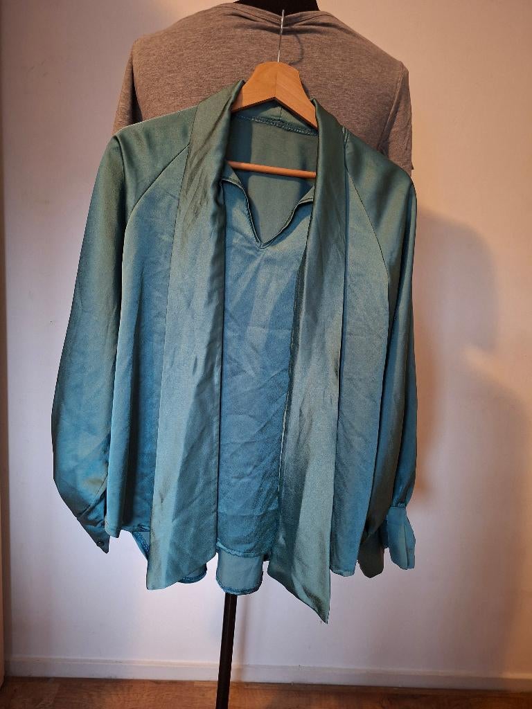 Glanzende blouse met sjaalkraag - Diep groen/blauw, Anneonline, Steenbergen, Shop@wesell4u.nl, Maat 46/48 (XL) of groter