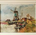 Hollands landschap DOLMANS molen en bootjes olieverf doek, Antiek en Kunst, Ophalen of Verzenden
