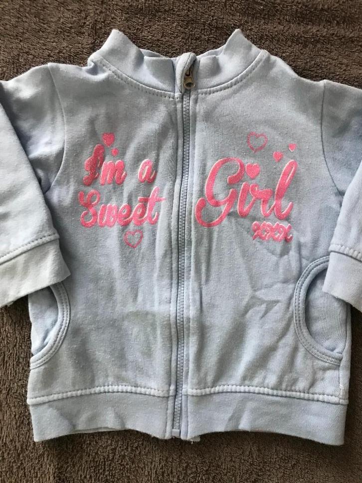 zgan lichtblauw vest met roze glitter opdruk maat 80, Kinderen en Baby's, Babykleding | Maat 80, Zo goed als nieuw, Meisje, Truitje of Vestje