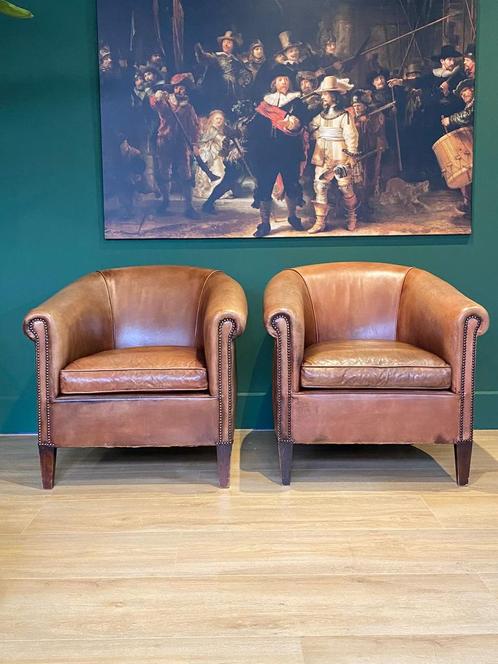 Set Clubfauteuils Runderleer Chesterfield style, Huis en Inrichting, Fauteuils, Gebruikt, Leer, 75 tot 100 cm, 75 tot 100 cm, Ophalen of Verzenden