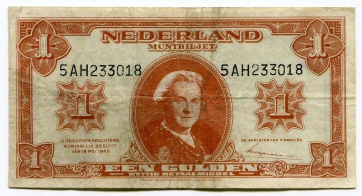 1 Gulden Muntbiljet 1945 (schaars - PL 6a2), Postzegels en Munten, Bankbiljetten | Nederland, Los biljet, 1 gulden, Ophalen of Verzenden