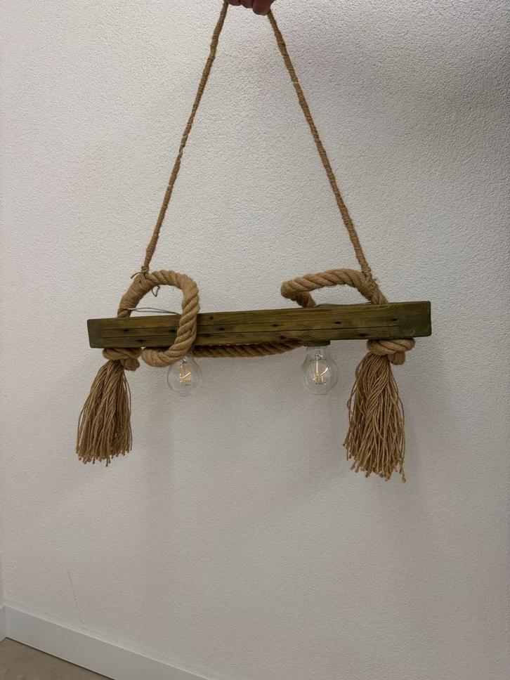 Unieke Houten Hanglamp met Touw, Huis en Inrichting, Lampen | Hanglampen, Gebruikt, Minder dan 50 cm, Hout, Ophalen of Verzenden