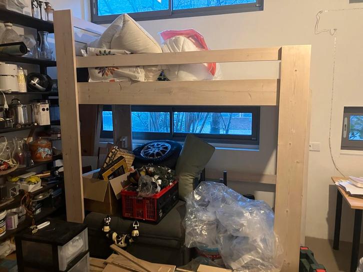 Steigerhouten hoogslaper, Huis en Inrichting, Slaapkamer | Bedden, Gebruikt, Eenpersoons, 100 cm, 210 cm, Steigerhout, Wit, Verstelbaar