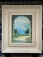 Zeegezicht in olieverf met bergen en palmbomen "Côte d'Azur", Antiek en Kunst, Ophalen of Verzenden