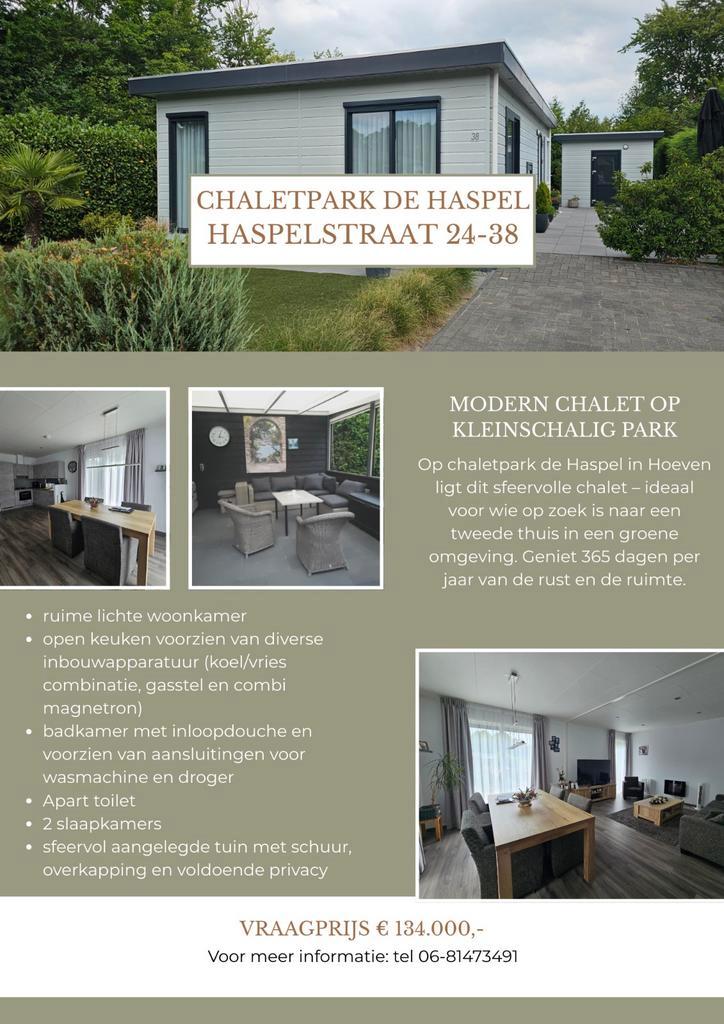 Modern chalet (70m²) op kleinschalig park in Hoeven (N.-Br), Huizen en Kamers, Recreatiewoningen te koop