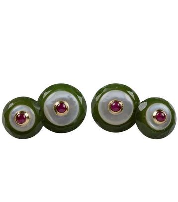 18K Gouden Manchetknopen Jade Parelmoer Robijn beschikbaar voor biedingen