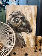 Groot schilderij taupe landelijk paneel doek kunst geit, Ophalen