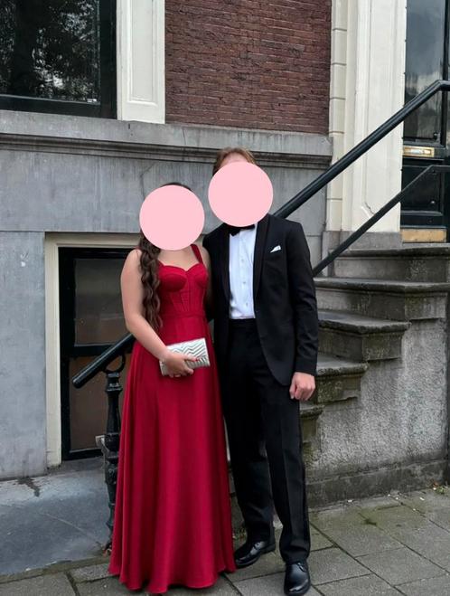 Rode galajurk met split, Kleding | Dames, Gelegenheidskleding, Zo goed als nieuw, Galajurk, Maat 38/40 (M), Rood, Ophalen of Verzenden
