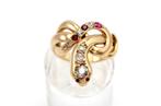 Gouden ring in de vorm van een slang met robijnen en diamant, Ophalen of Verzenden, Goud, Ring, Met edelsteen