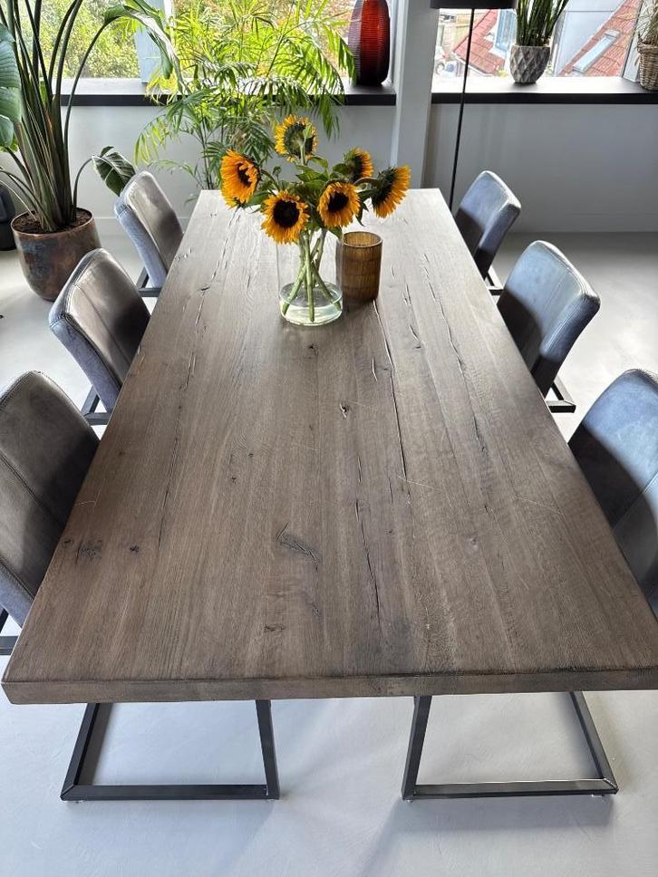 Robuusten eikenhouten eettafel met leren stoelen, Huis en Inrichting, Tafels | Eettafels, Gebruikt, 50 tot 100 cm, 200 cm of meer
