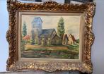 Vintage schilderij dorp in baroklijst goud 44x55, Ophalen of Verzenden